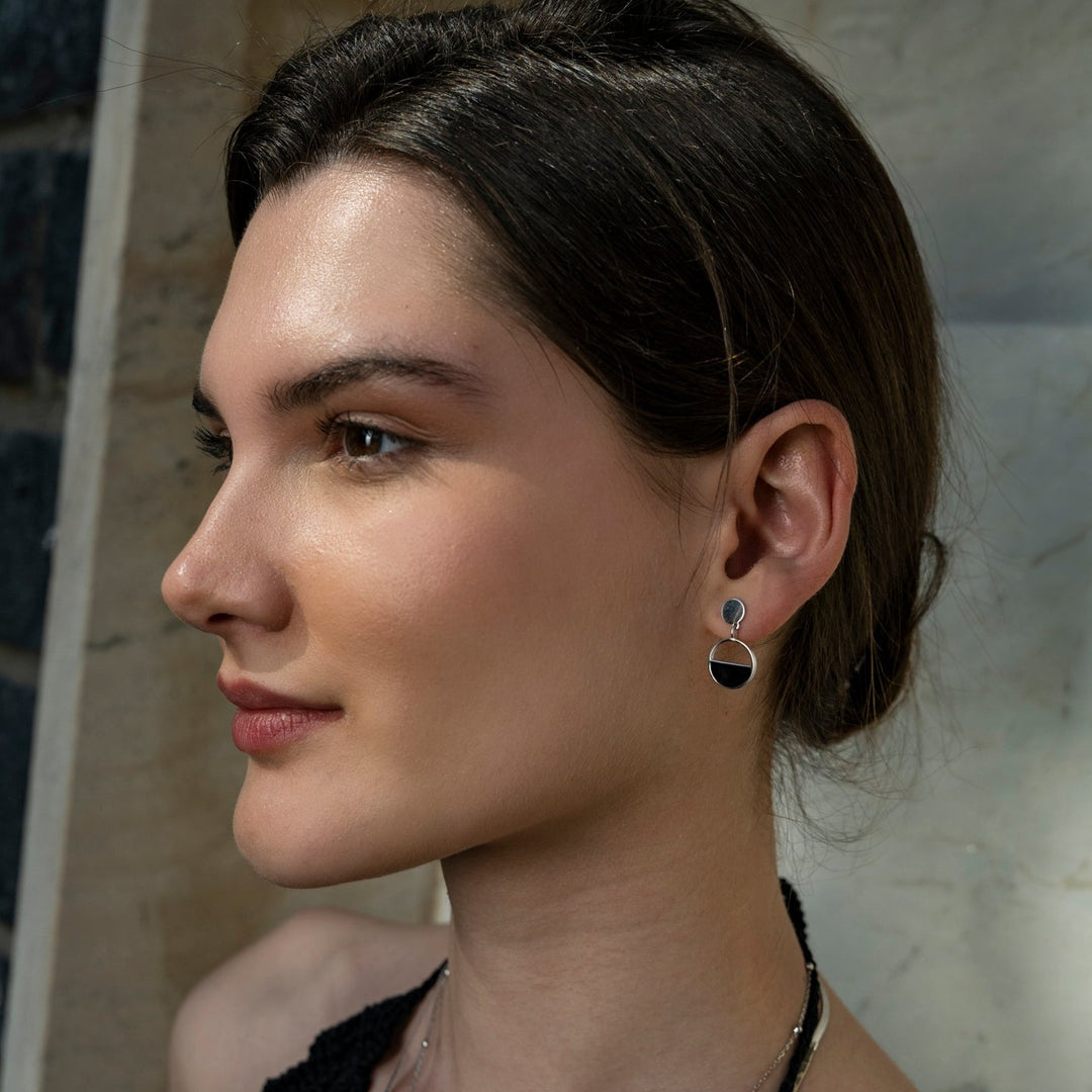 Pontus - Silver and Black Enamel Half Patterned Earrings