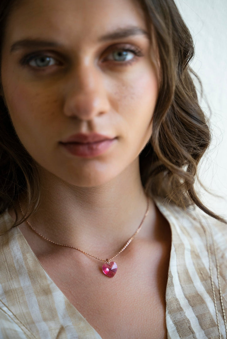 Cupid - Waterproof Heart Pendant Necklace (Pink / Purple / Blue Stone): Rose Gold and Silver Polish