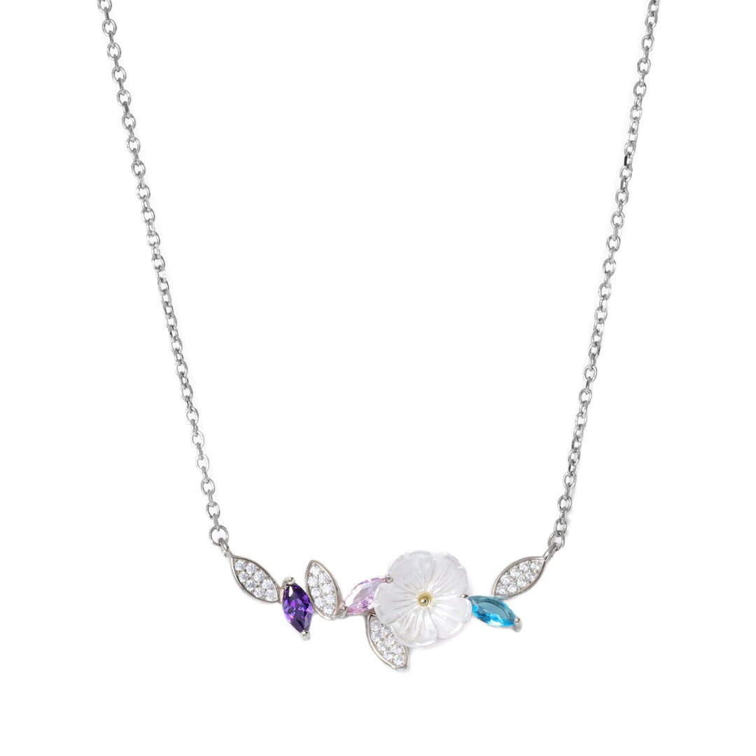 Demeter - Silver Multicolor Zirconia Flower and Leaves Pendant Necklace