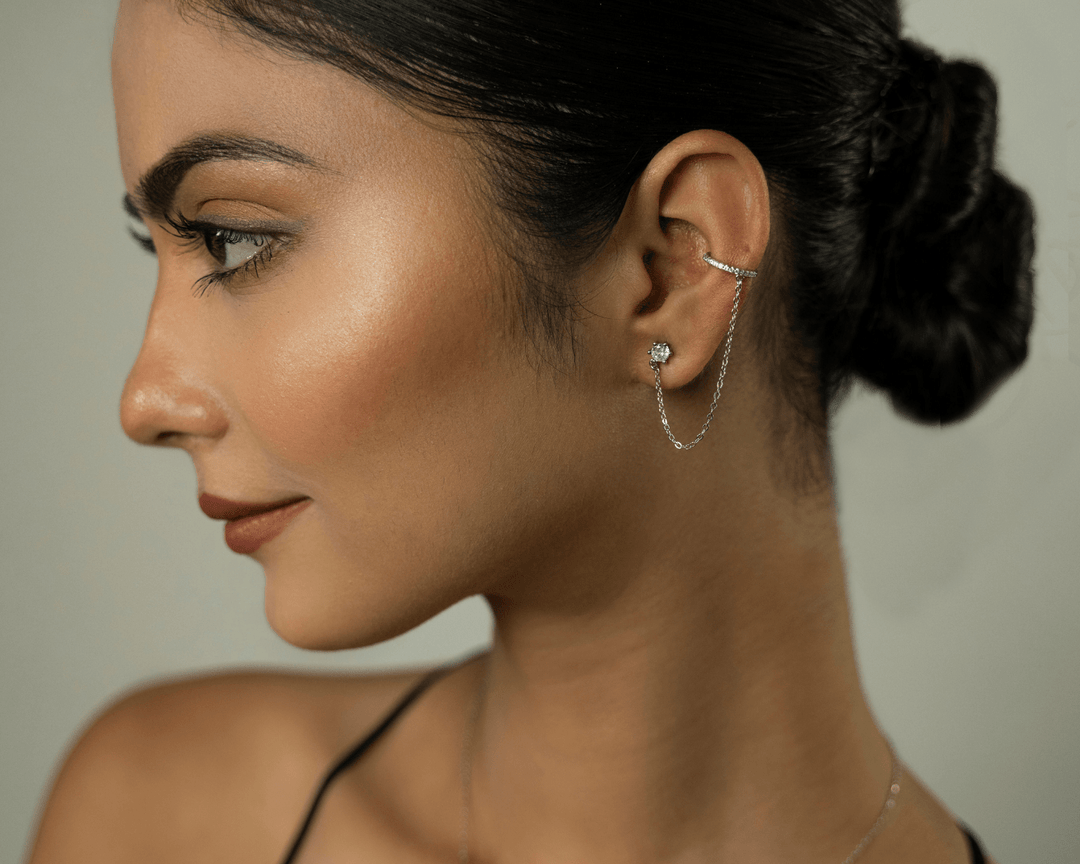 Deimos - Zirconia Studs and Earcuff Chain Earrings