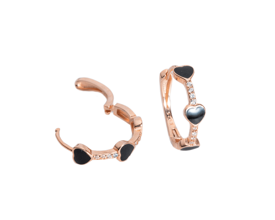 Danae - Zirconia-Studded Enamel Heart Huggies: Black, Rose Gold Polish