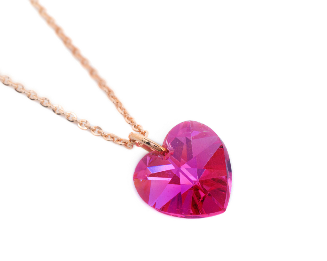 Cupid - Waterproof Heart Pendant Necklace (Pink / Purple / Blue Stone): Rose Gold and Silver Polish