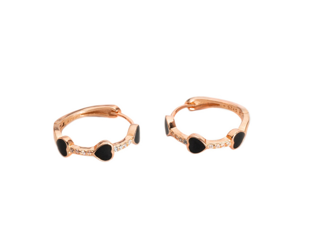 Danae - Zirconia-Studded Enamel Heart Huggies: Black, Rose Gold Polish