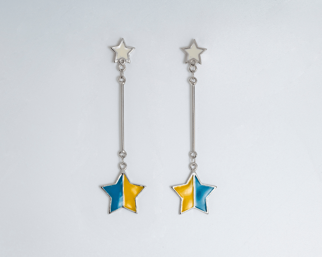 Pluto - Waterproof Star Charm Drop Earrings: Yellow and Blue Enamel