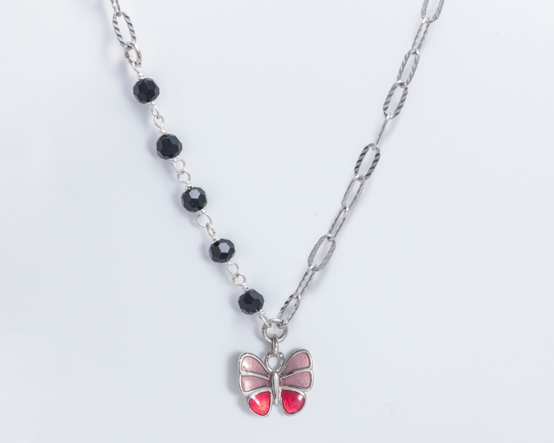 Bellona - Dual Cable Link Beaded Chain with Pink Butterfly Pendant