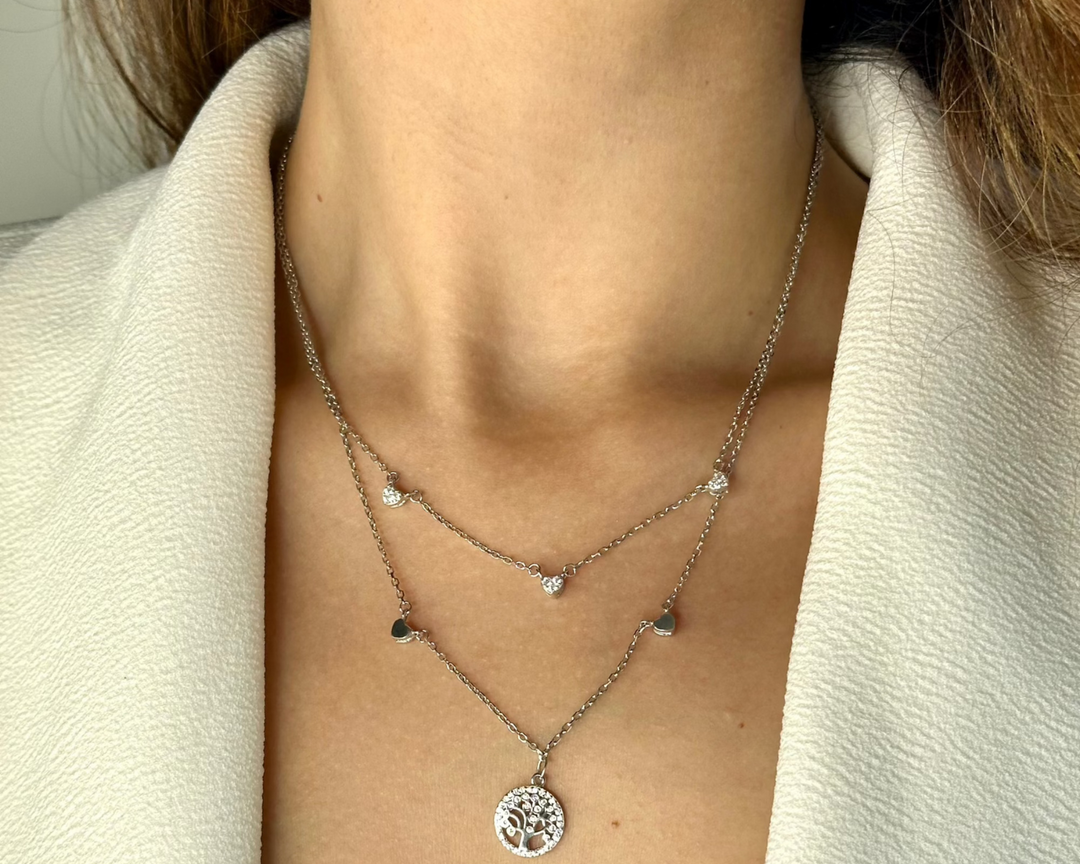 Assyria - Zirconia Heart and World Tree Charm Necklace