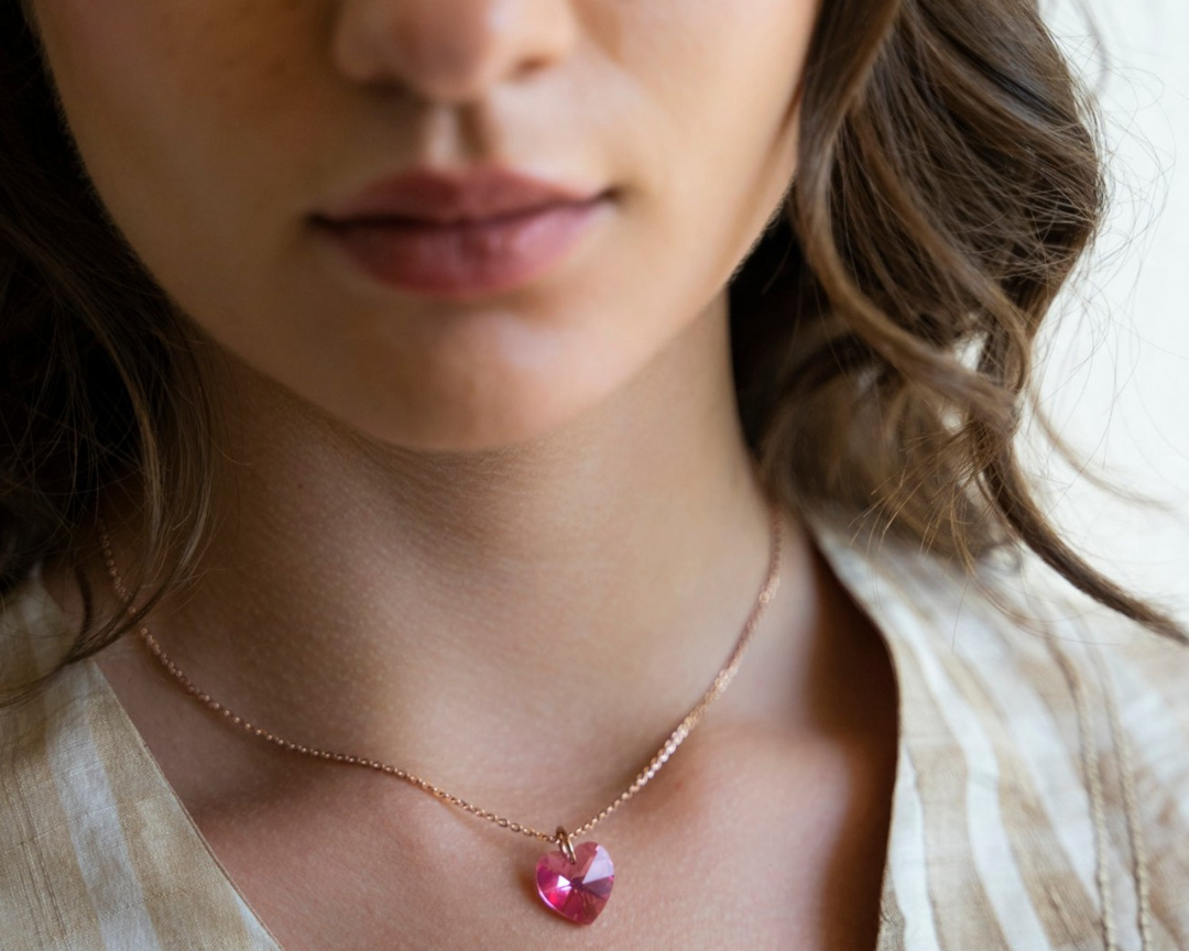 Cupid - Waterproof Heart Pendant Necklace (Pink / Purple / Blue Stone): Rose Gold and Silver Polish