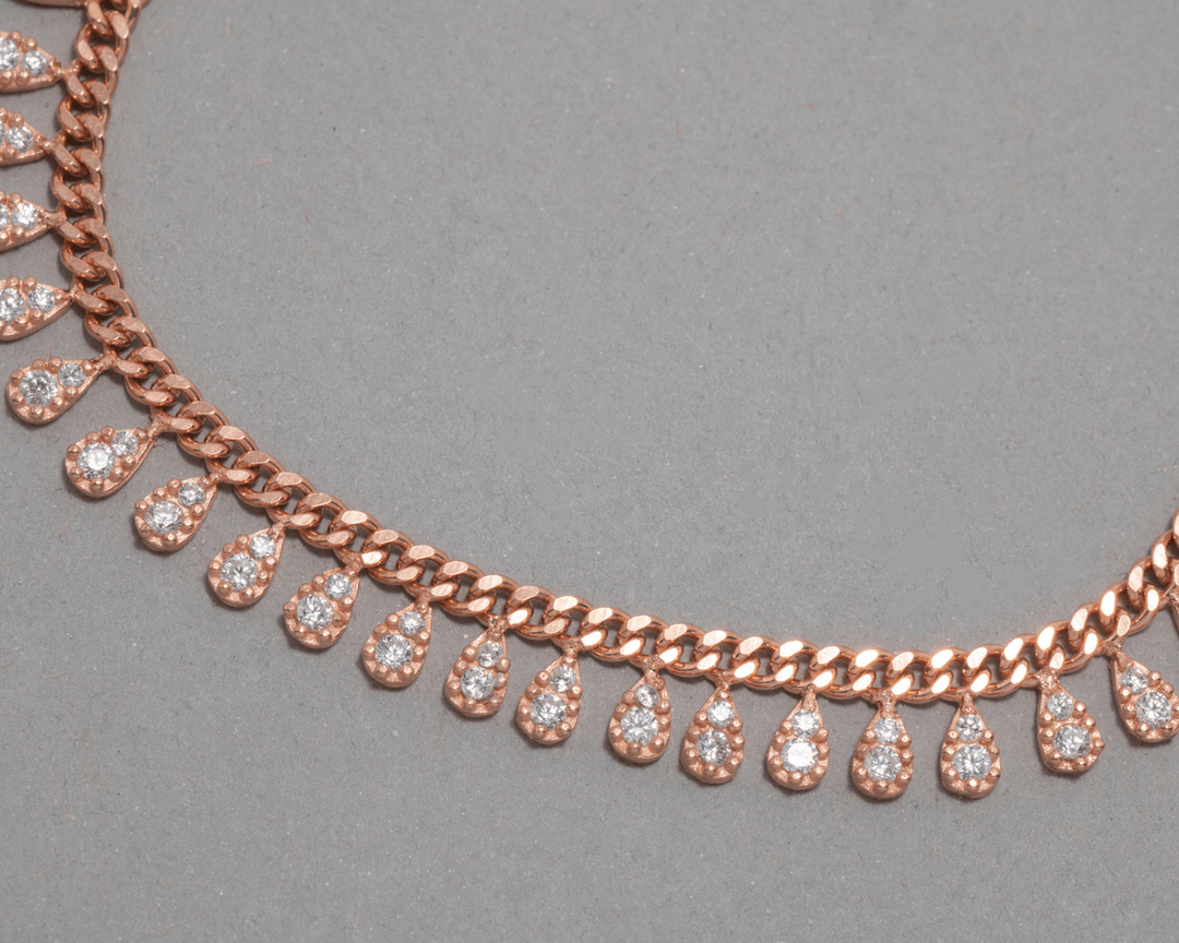 Theia - Zirconia Teardrop Charm Anklet: Rose Gold Polish