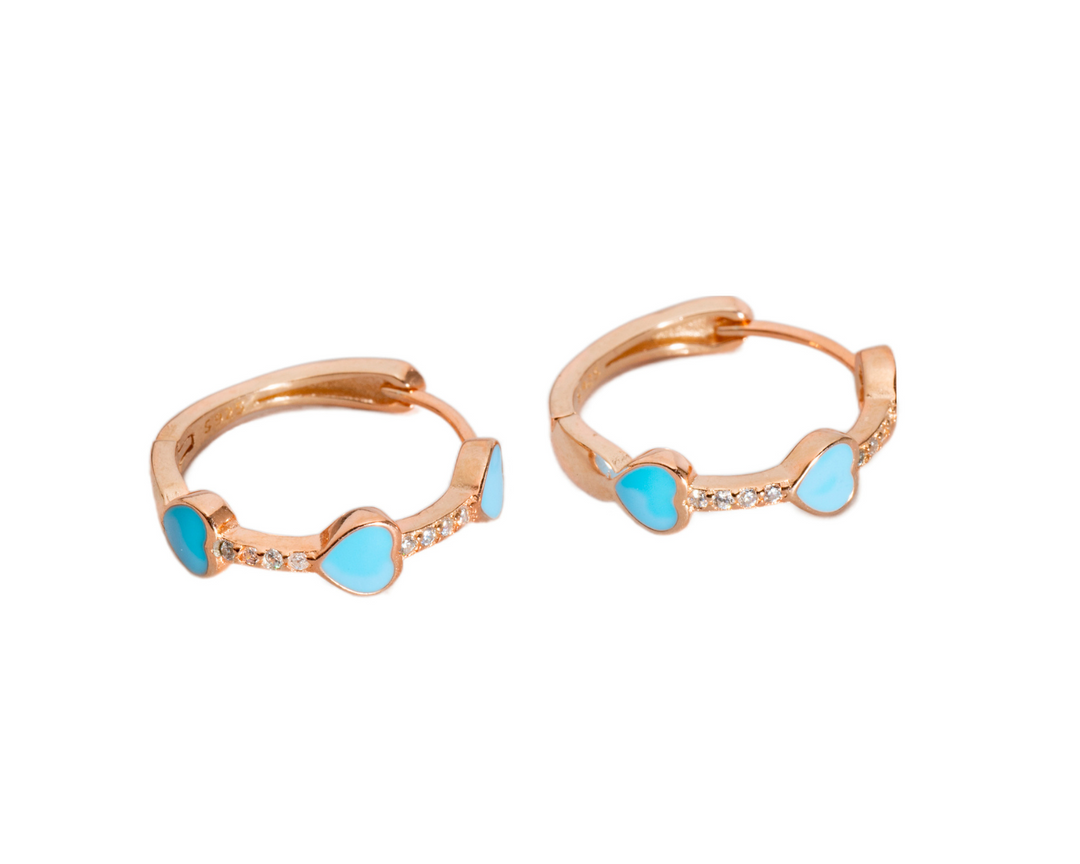 Delia - Zirconia-Studded Enamel Heart Huggies: Turquoise, Rose Gold Polish