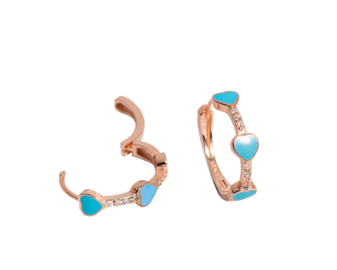 Delia - Zirconia-Studded Enamel Heart Huggies: Turquoise, Rose Gold Polish